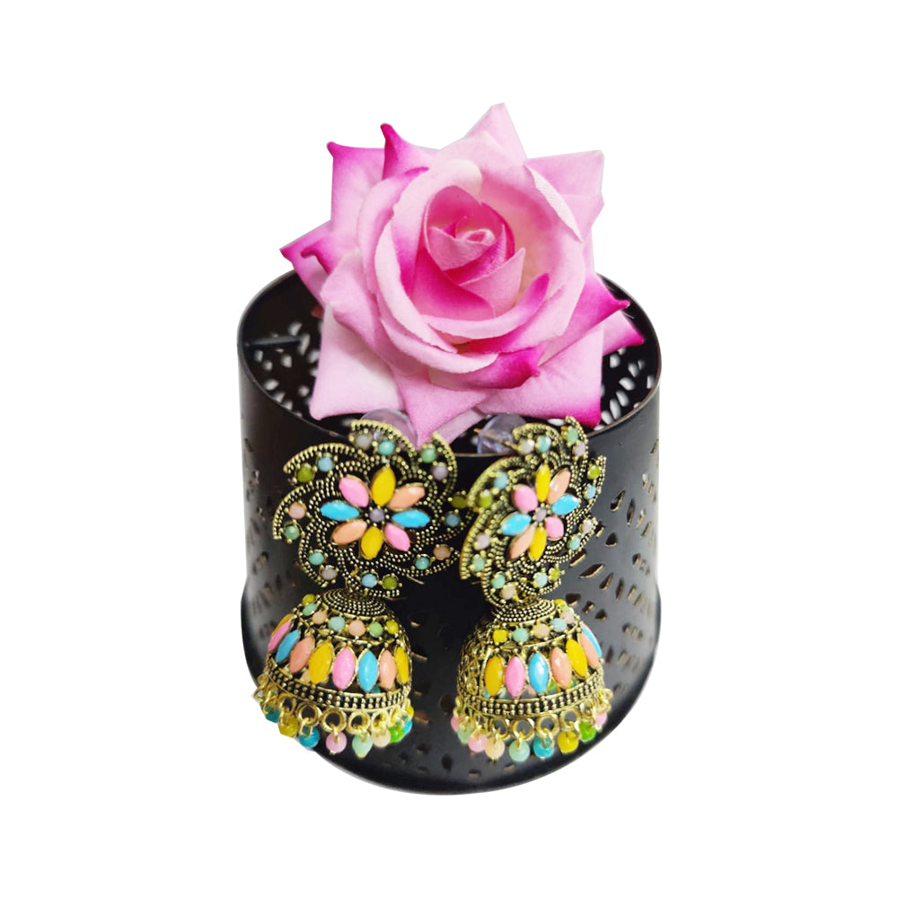 Meenakari Mint blue and pink, yellow Jhumka with White Beads Earrings