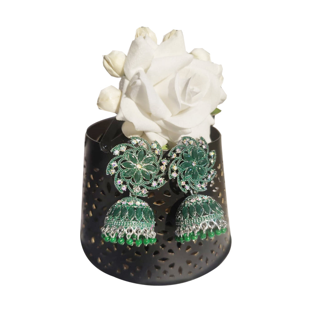 Meenakari Green Jhumka with White Beads Earrings