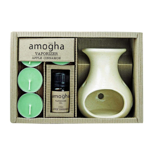 Iris Amogha Vaporizer Set -Apple Cinnamon 10 ml Fragrance Oil with Ceramic Vapourizer & 4 N Tealights Diyas