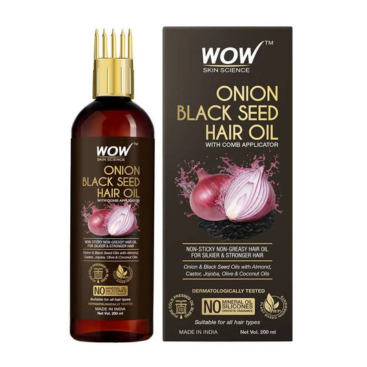 Wow Skin Science Onion Black Seed Hair Oil - With Comb Applicator, Controls Hair Fall, No Mineral Oil, Silicones, 200 ml